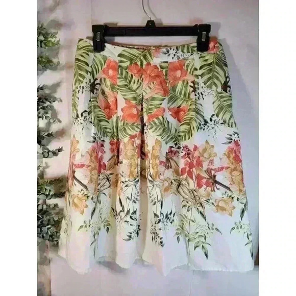 Talbots Linen Skirt Womens 6 Petite Floral Pleated Lined White Red Office Casual - Picture 14 of 15